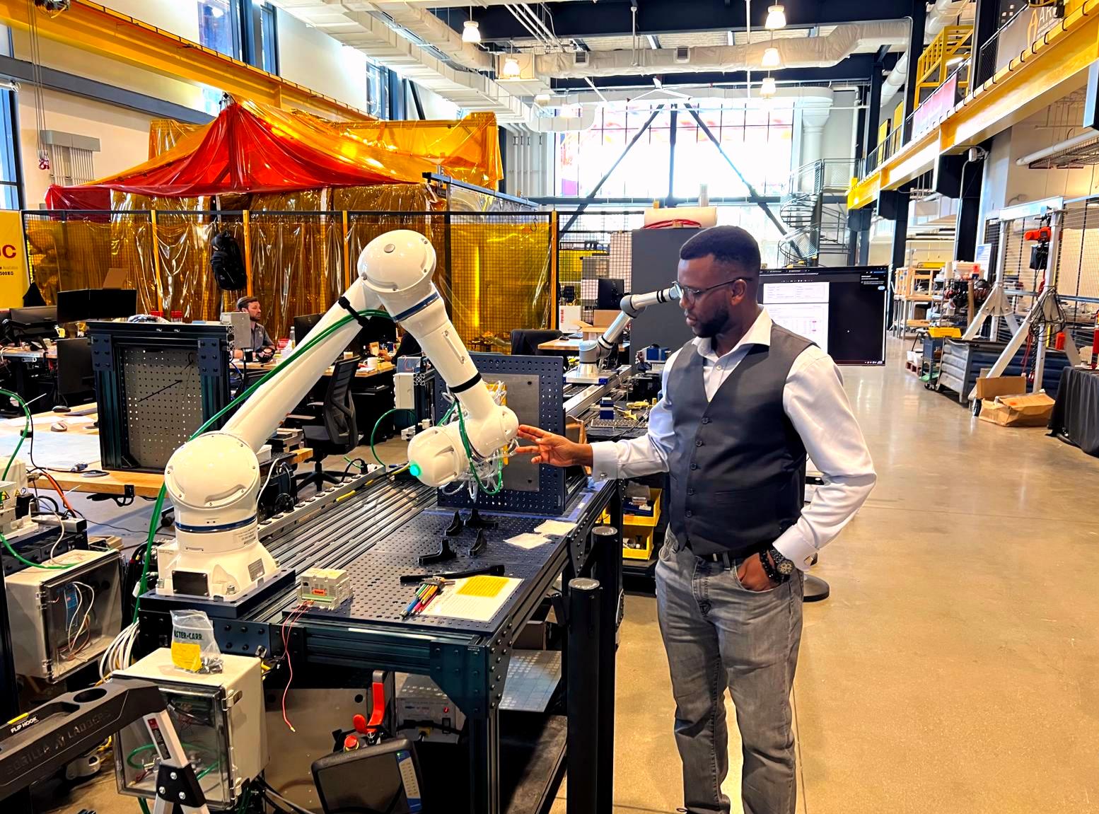 A close-up view of a collaborative robot during the Pittsburgh manufacturing visit.