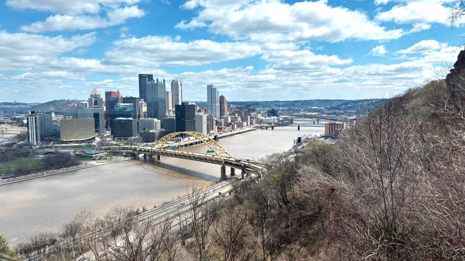 Pittsburgh skyline and its rivers and bridges, seen from Mount Washington.