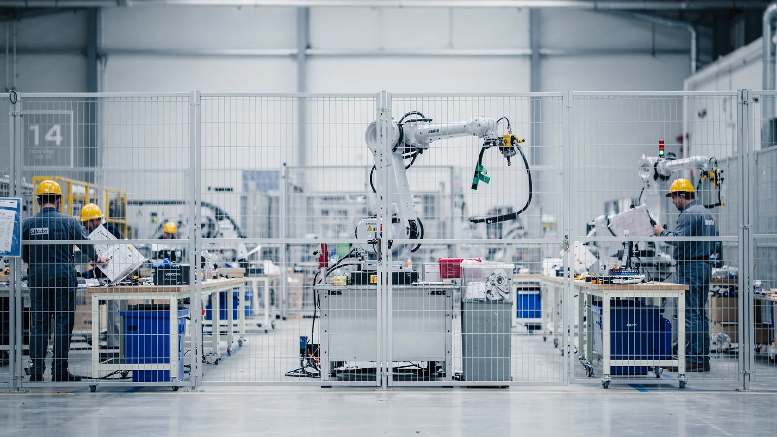 A bright modern manufacturing hall with assembly benches and a fenced robot cell