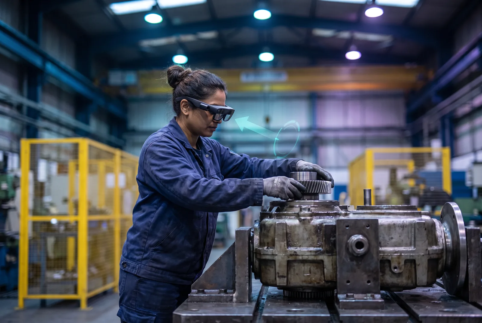 Operator wearing industrial AR glasses assembling a gearbox with holographic alignment guidance