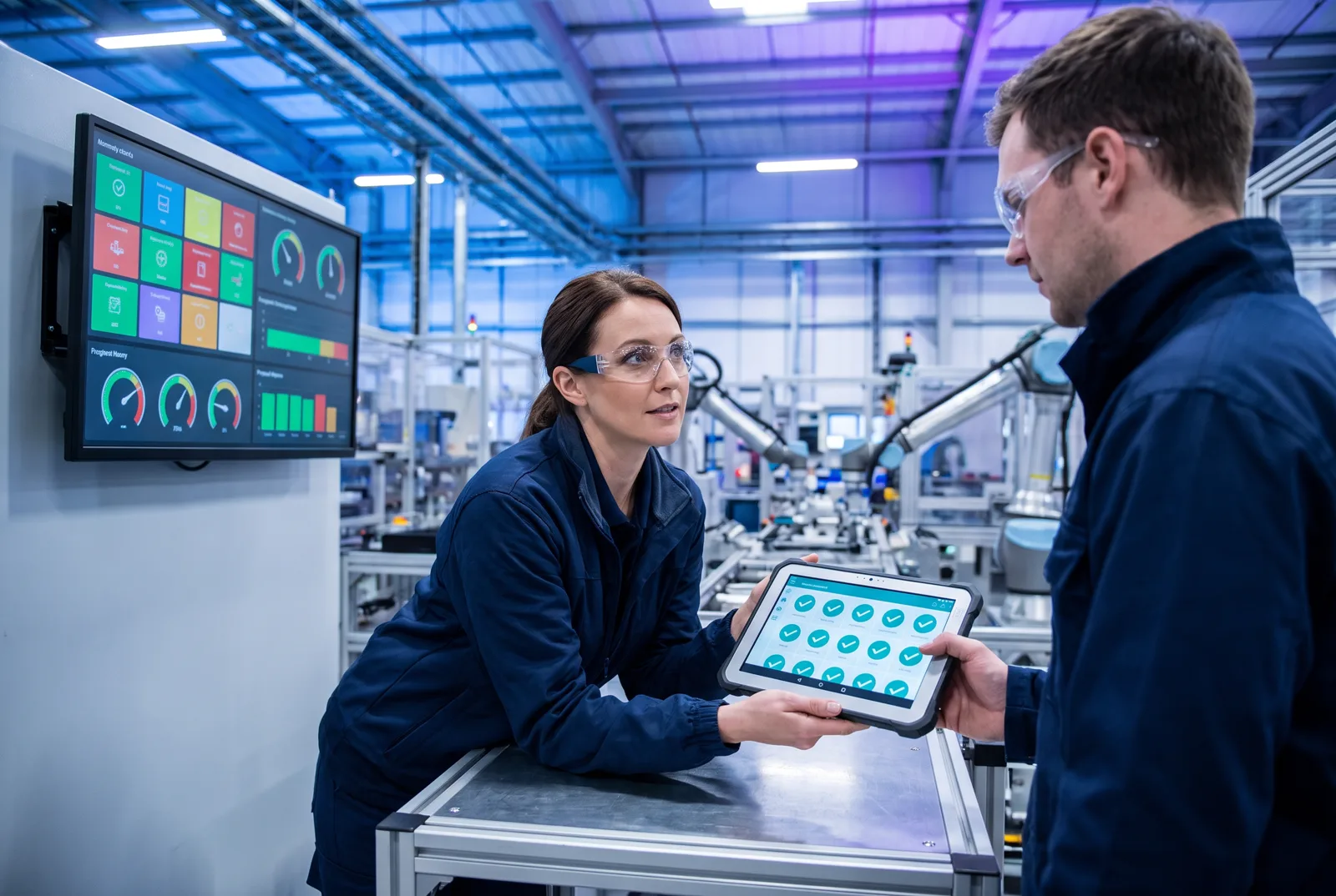Supervisor at a line-side MES dashboard handing an operator a tablet with guided steps