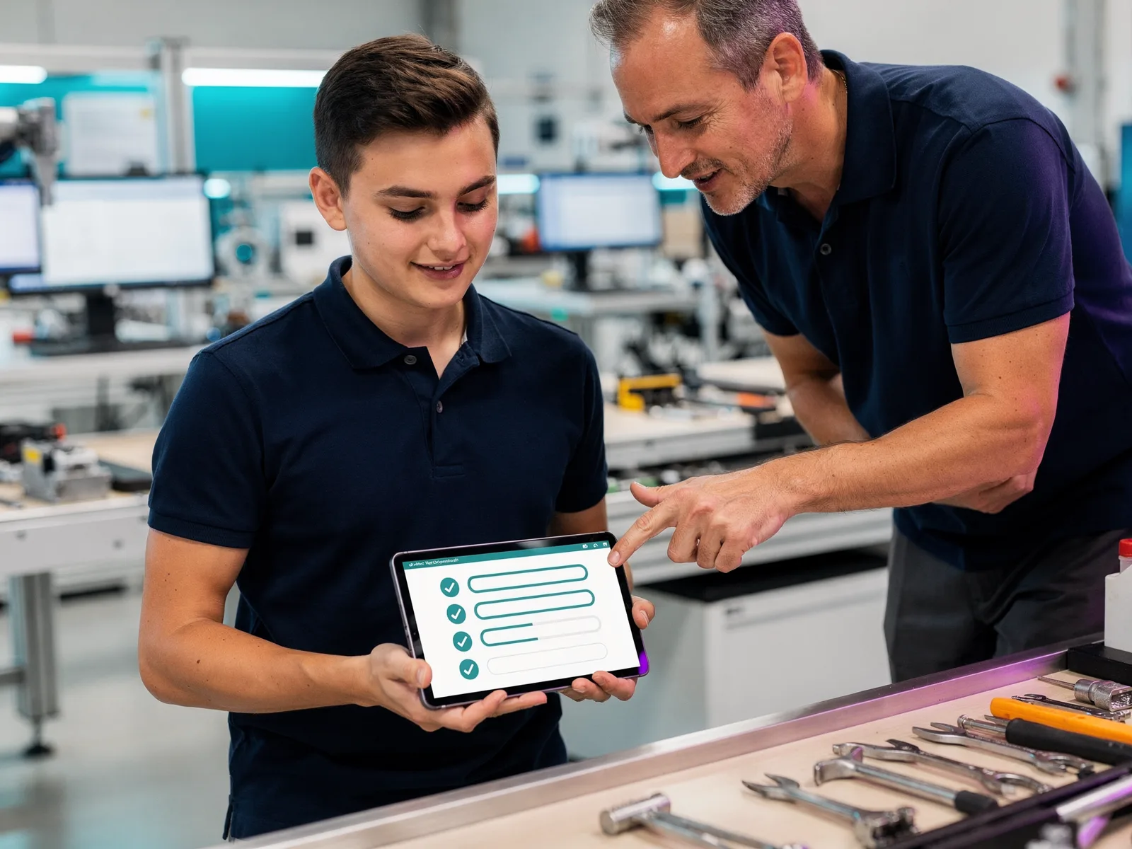 A supervisor guiding a new starter through a governed checklist at a workshop bench
